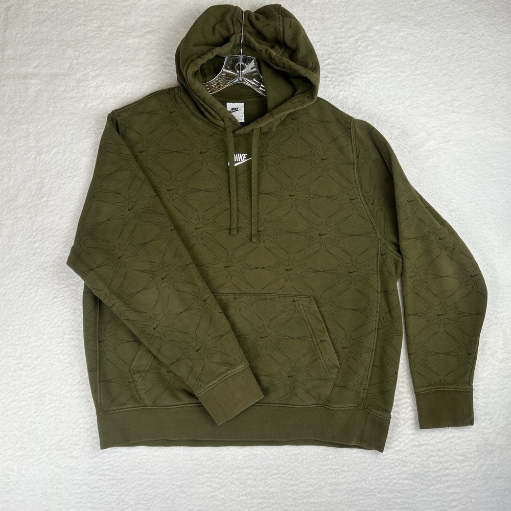 Nike Club Center Swoosh Hoodie All Over Print Logo Olive Green Large DM7930-326